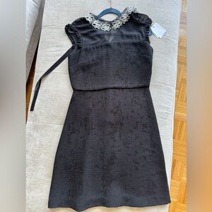 Black Sandro Mock Neck Embroidered A-Line Mini Dress